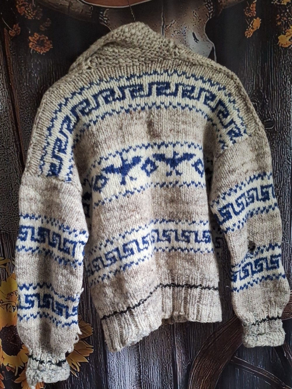 Women's Cream and Blue Patterned Knit Sweater